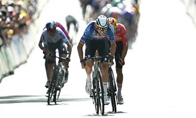 Alpecin-Premier Tech’s Mathieu Van Der Poel of the Netherlands sprints to the finish line to win the ninth stage of the Tour de France, a 154.6km distance from Malemort to Ussel, on Sunday.—Reuters Alpecin-Premier Tech’s Mathieu Van Der Poel of the Netherlands sprints to the finish line to win the ninth stage of the Tour de France, a 154.6km distance from Malemort to Ussel, on Sunday.—Reuters