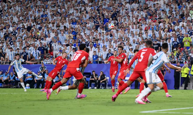 KANSAS CITY (Missouri): Argentina’s Julian Alvarez (L) scores during the quarter-final against Switzerland at the Kansas City Stadium.—AFP KANSAS CITY (Missouri): Argentina’s Julian Alvarez (L) scores during the quarter-final against Switzerland at the Kansas City Stadium.—AFP