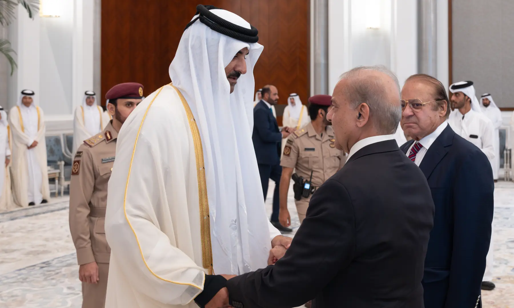 Prime Minister Shehbaz Sharif, accompanied by PML-N President Nawaz Sharif, meets Qatar&rsquo;s emir, Sheikh Tamim bin Hamad Al Thani, at Lusail Palace in Doha, Qatar on July 13. &mdash; Photo courtesy Amiri Diwan's website