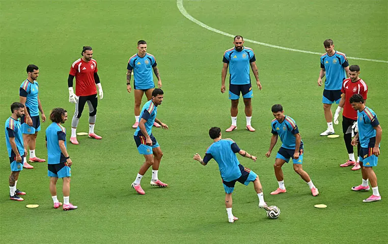 DALLAS: Spain players take part in a training session at the Cotton Bowl Stadium on Monday.&mdash;AFP