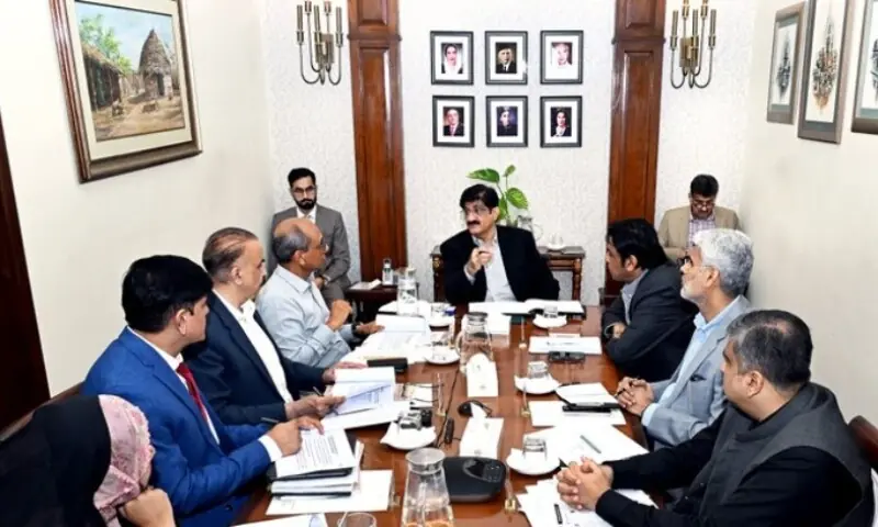 Sindh Chief Minister Syed Murad Ali Shah presides over a meeting at the CM House to review the HIV cases detected at the Sindh Employees&rsquo; Social Security Institution (SESSI)-run Kulsum Bai Valika Hospital, Karachi, Sindh. &mdash;@SindhCMHouse/X