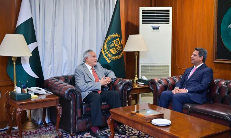 Deputy Prime Minister and Foreign Minister Ishaq Dar meets with Pakistan's Ambassador-designate to Nepal Aamir Khan, at the foreign ministry in Islamabad on July 14. &mdash; ForeignOfficePk/X
