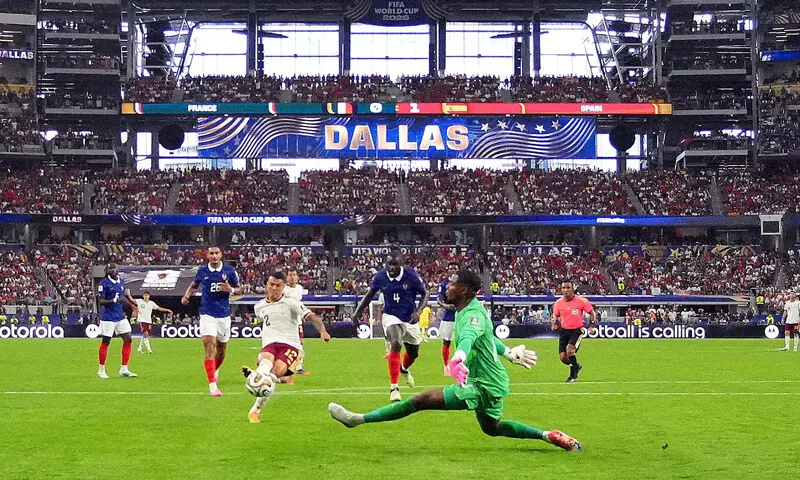 ARLINGTON (US): Spain’s Pedro Porro scores their second goal against France in the semi-final of the World Cup at Dallas Stadium. Spain saw off favourites France 2-0 to set up a clash in the final against Argentina or England.—Reuters ARLINGTON (US): Spain’s Pedro Porro scores their second goal against France in the semi-final of the World Cup at Dallas Stadium. Spain saw off favourites France 2-0 to set up a clash in the final against Argentina or England.—Reuters