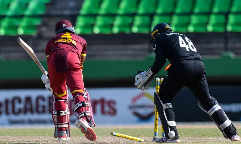 PROVIDENCE: West Indies captain Shai Hope is cleaned up by New Zealand spinner Jayden Lennox (not in picture) during the second One-day International at the Providence Stadium.—AFP PROVIDENCE: West Indies captain Shai Hope is cleaned up by New Zealand spinner Jayden Lennox (not in picture) during the second One-day International at the Providence Stadium.—AFP