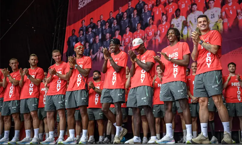 ZURICH: Switzerland players rejoice during a fan reception ceremony on Tuesday.&mdash;AFP