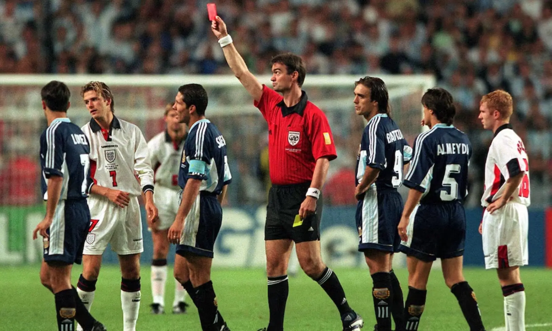 England’s David Beckham is shown the red card in a 1998 FIFA World Cup match between England and Argentina at Stade Geoffroy Guichard, Saint Etienne on June 30, 1998. — Reuters