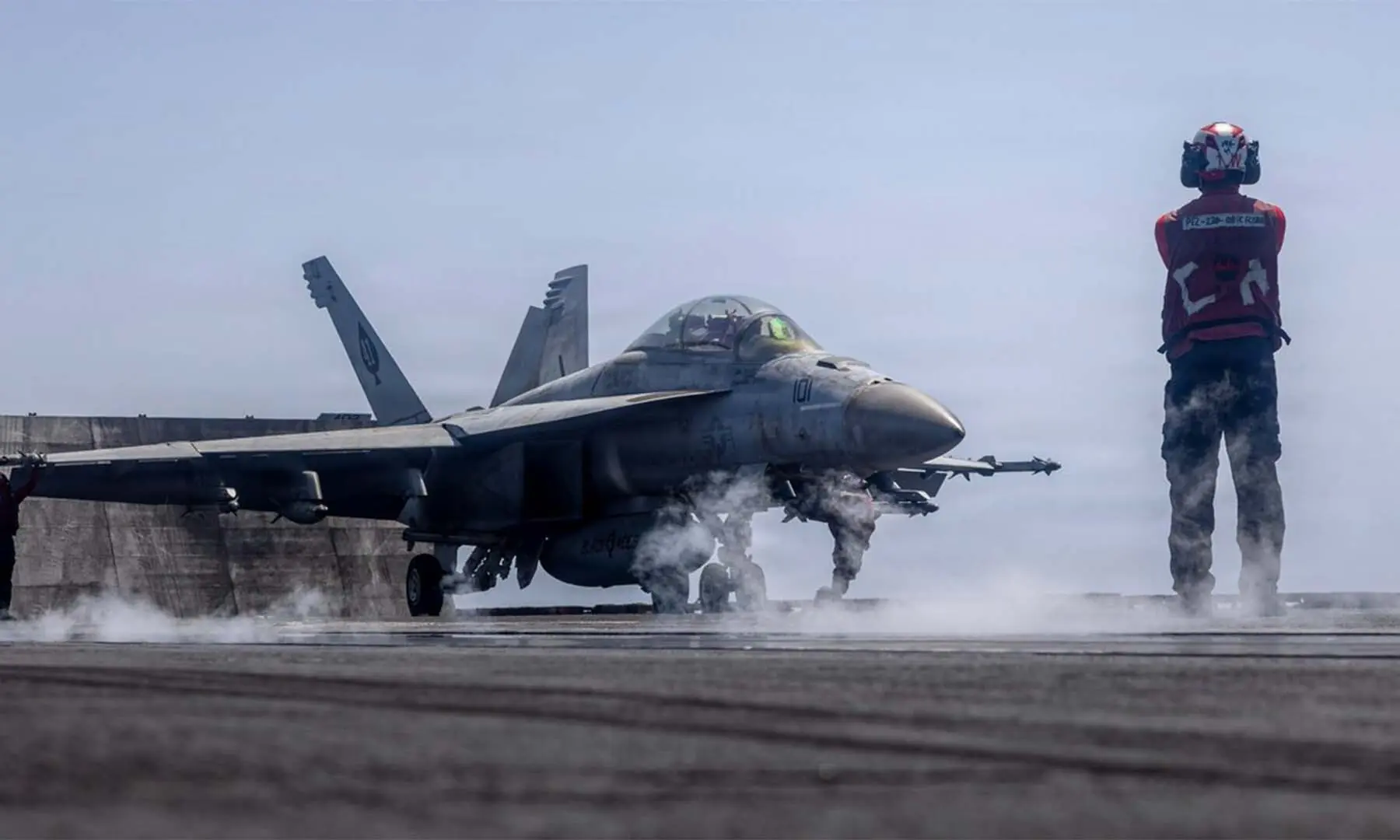A US F-18 fighter jet prepares for takeoff from an aircraft carrier in the Middle East, in this photo released on May 29, 2026. — X/@CENTCOM/File