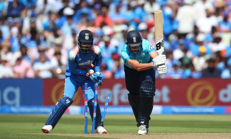 BIRMINGHAM: England tailender Josh Tongue is cleaned up by Indian spinner Axar Patel during their first One-day International at Edgbaston.&mdash;Reuters