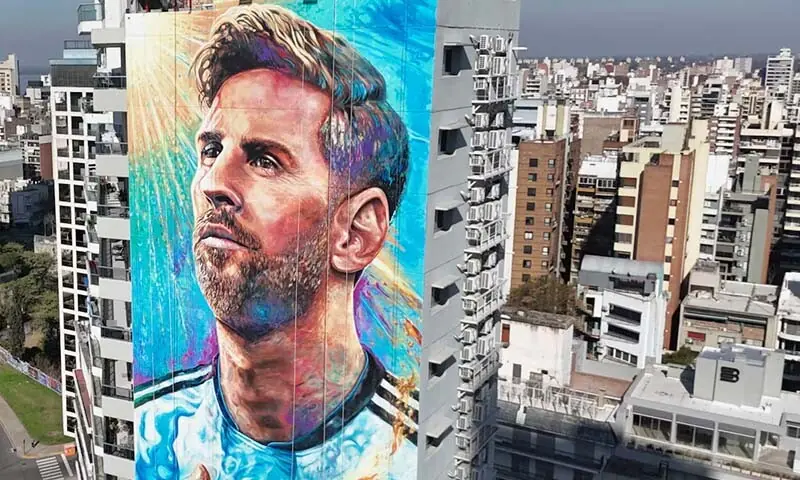 A drone view shows a mural of Argentina’s Lionel Messi in his hometown of Rosario, Argentina undergoing restoration work on July 9, 2026. — Reuters