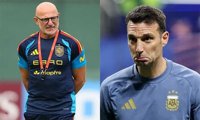Spain coach Luis de la Fuente and his Argentine counterpart Lionel Scaloni.—Reuters/File Spain coach Luis de la Fuente and his Argentine counterpart Lionel Scaloni.—Reuters/File