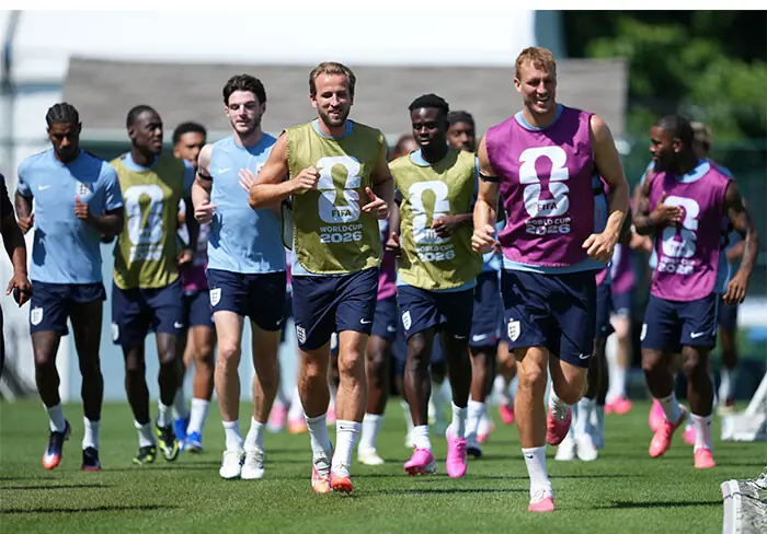 KANSAS CITY (Missouri): England players warm up during a training session at the Swope Soccer Village on Friday.—Reuters KANSAS CITY (Missouri): England players warm up during a training session at the Swope Soccer Village on Friday.—Reuters