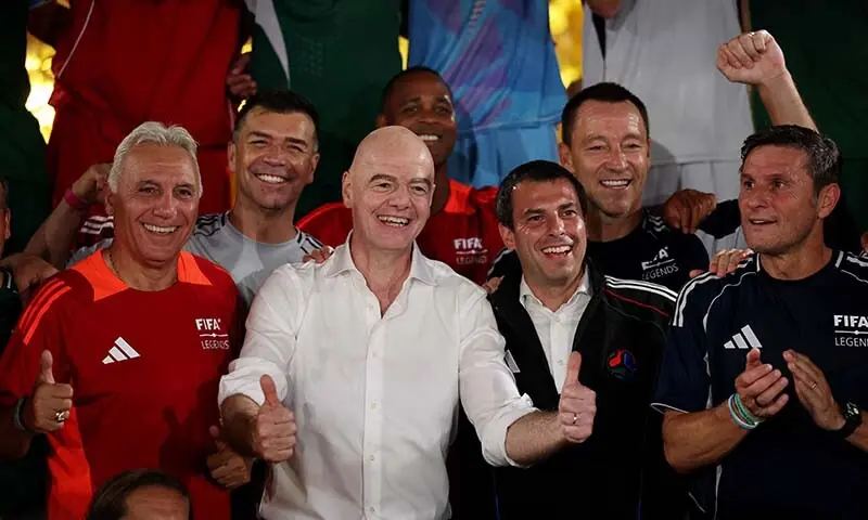 FIFA President Gianni Infantino (C) poses for a picture with former players John Terry, Javier Zanetti, Hristo Stoichkov, Jared Borgetti and Patrick Kluivert after a legends match at New York’s Rockefeller Centre on July 17, 2026. — Reuters