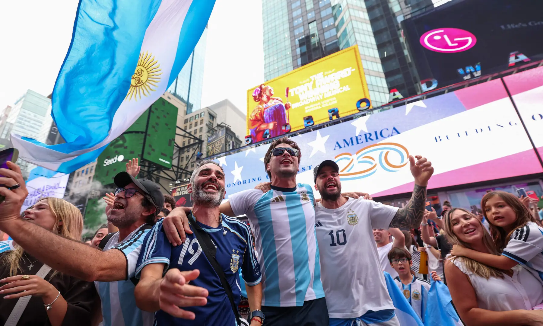Fans of Argentina show support to their team ahead of the FIFA World Cup 2026 Final Match against Spain at Times Square on July 18, 2026 in New York City. — AFP