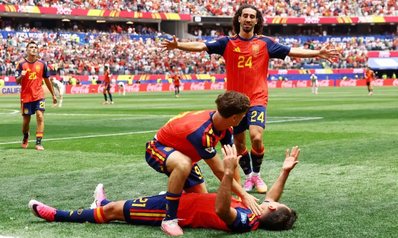 Spain's Mikel Oyarzabal celebrates scoring their third goal with Gavi and Marc Cucurella, Spain v Austria, Los Angeles Stadium, Inglewood, California, US, on July 2, 2026. — Reuters Spain's Mikel Oyarzabal celebrates scoring their third goal with Gavi and Marc Cucurella, Spain v Austria, Los Angeles Stadium, Inglewood, California, US, on July 2, 2026. — Reuters
