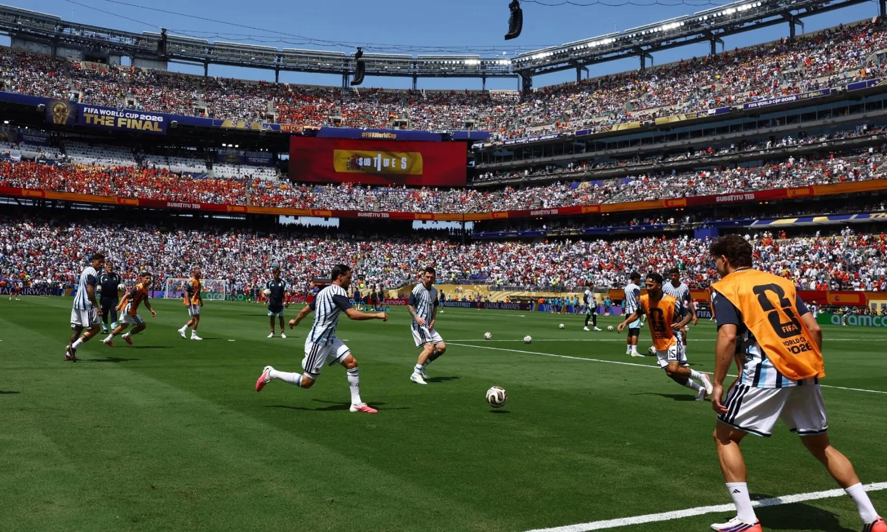 Argentina warms up before the 2026 FIFA World Cup final against Spain at the New York/New Jersey Stadium in East Rutherford, the US on July 19, 2026. &mdash; Reuters
