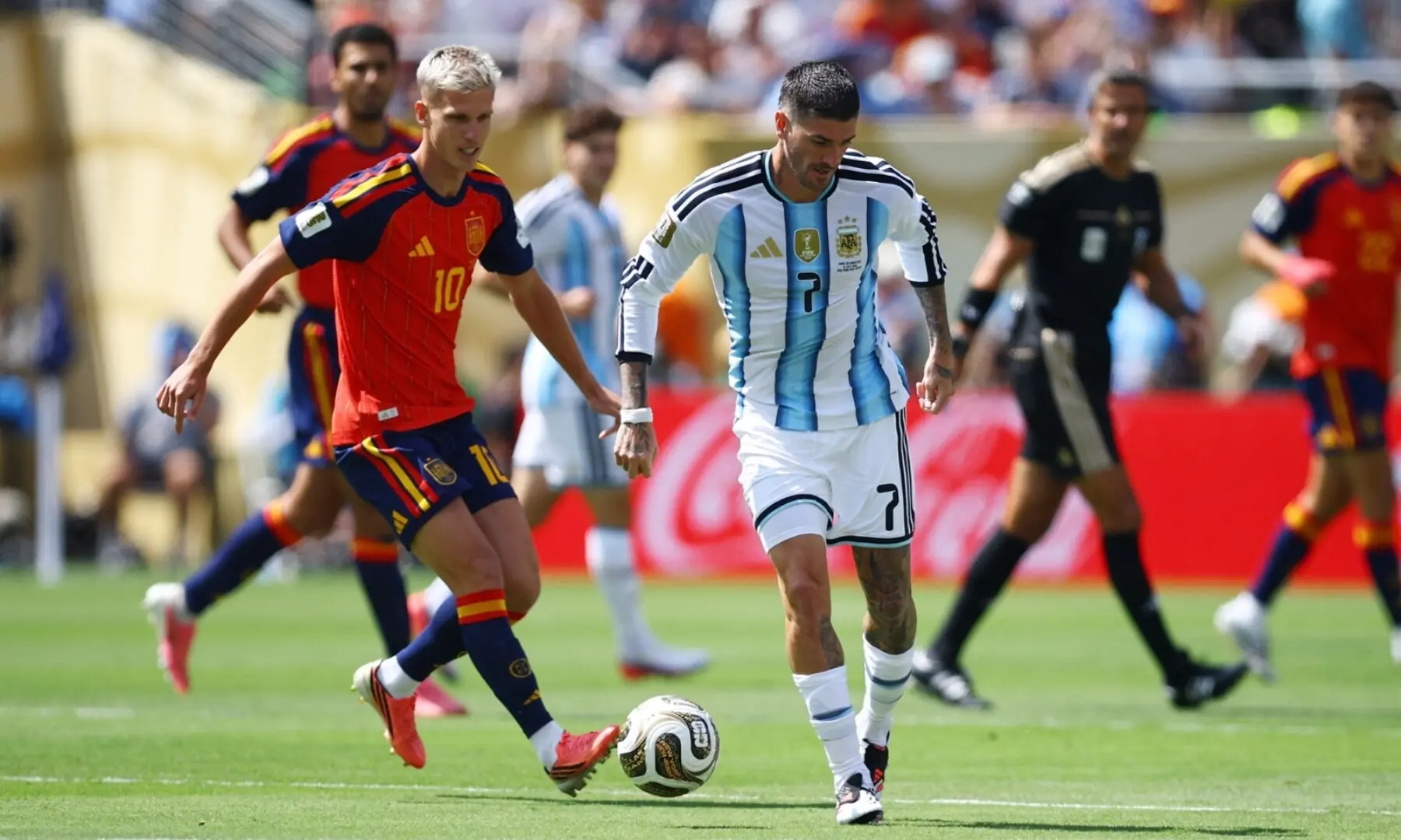Argentina&rsquo;s Rodrigo De Paul in action with Spain&rsquo;s Dani Olmo during the 2026 FIFA World Cup final between Spain and Argentina at the New York/New Jersey Stadium, East Rutherford, New Jersey, the US on July 19, 2026. &mdash; Reuters
