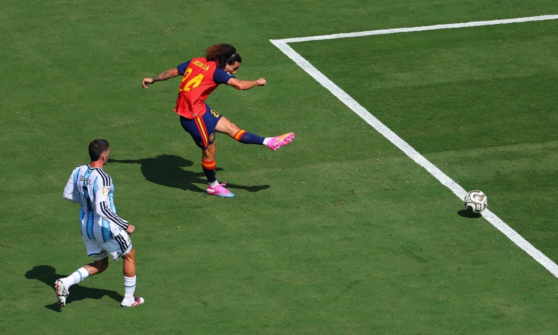Spain&rsquo;s Marc Cucurella takes a shot at goal during the 2026 FIFA World Cup final between Spain and Argentina at the New York/New Jersey Stadium, East Rutherford, New Jersey, the US on July 19, 2026. &mdash; Reuters