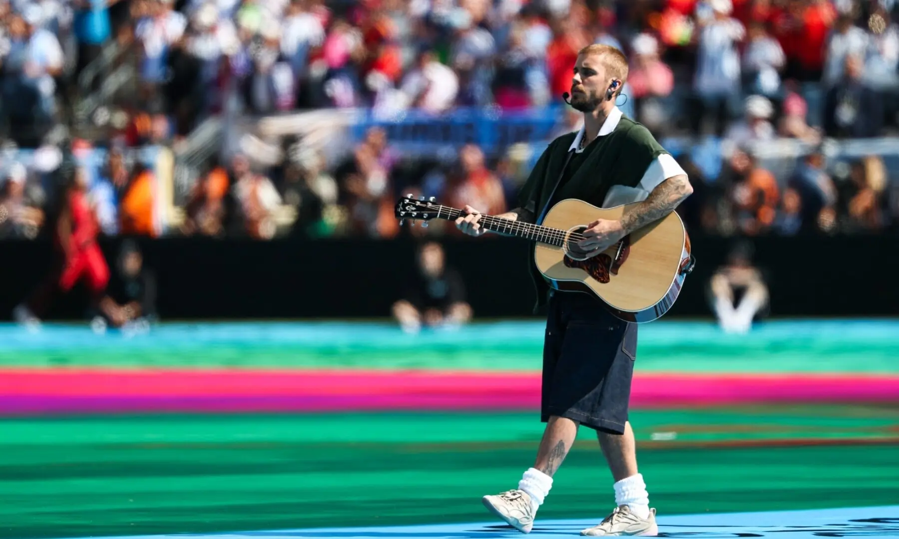 Justin Bieber performs at the  halftime show of the 2026 FIFA World Cup final between Spain and Argentina at the New York/New Jersey Stadium, East Rutherford, New Jersey, the US on July 19, 2026. &mdash; AFP