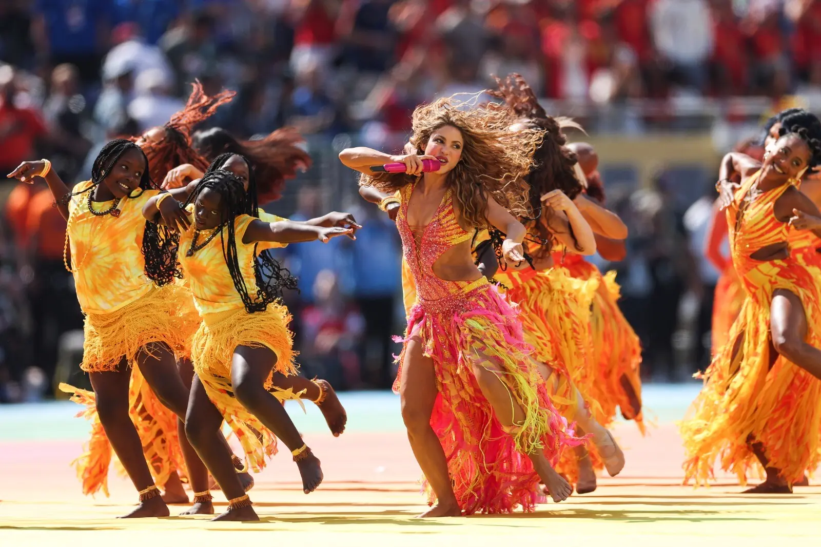 Colombian singer Shakira performs during the halftime show of the 2026 World Cup football tournament final match between Spain and Argentina at the New York/New Jersey Stadium in East Rutherford, New Jersey, the US on July 19, 2026. &mdash; AFP