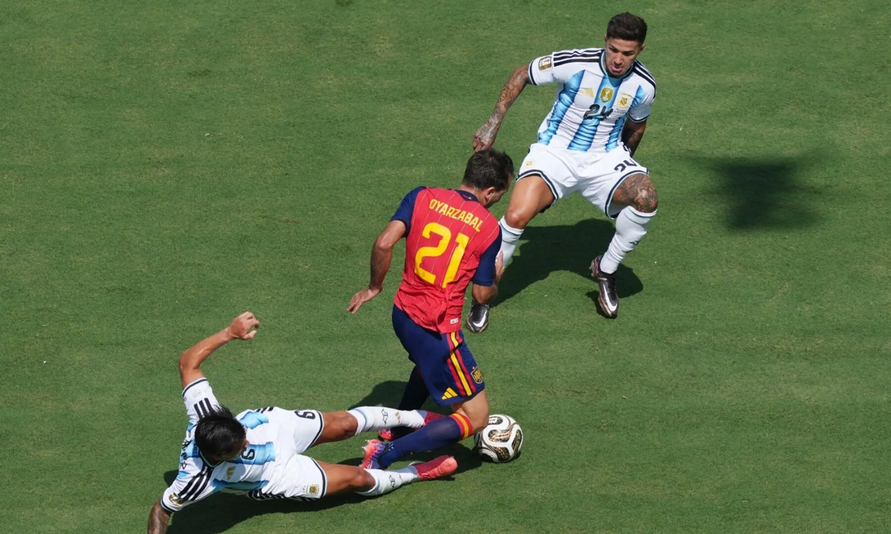 Spain’s Mikel Oyarzabal is challenged during the 2026 FIFA World Cup final between Spain and Argentina at the New York/New Jersey Stadium, East Rutherford, New Jersey, the US on July 19, 2026. — Reuters