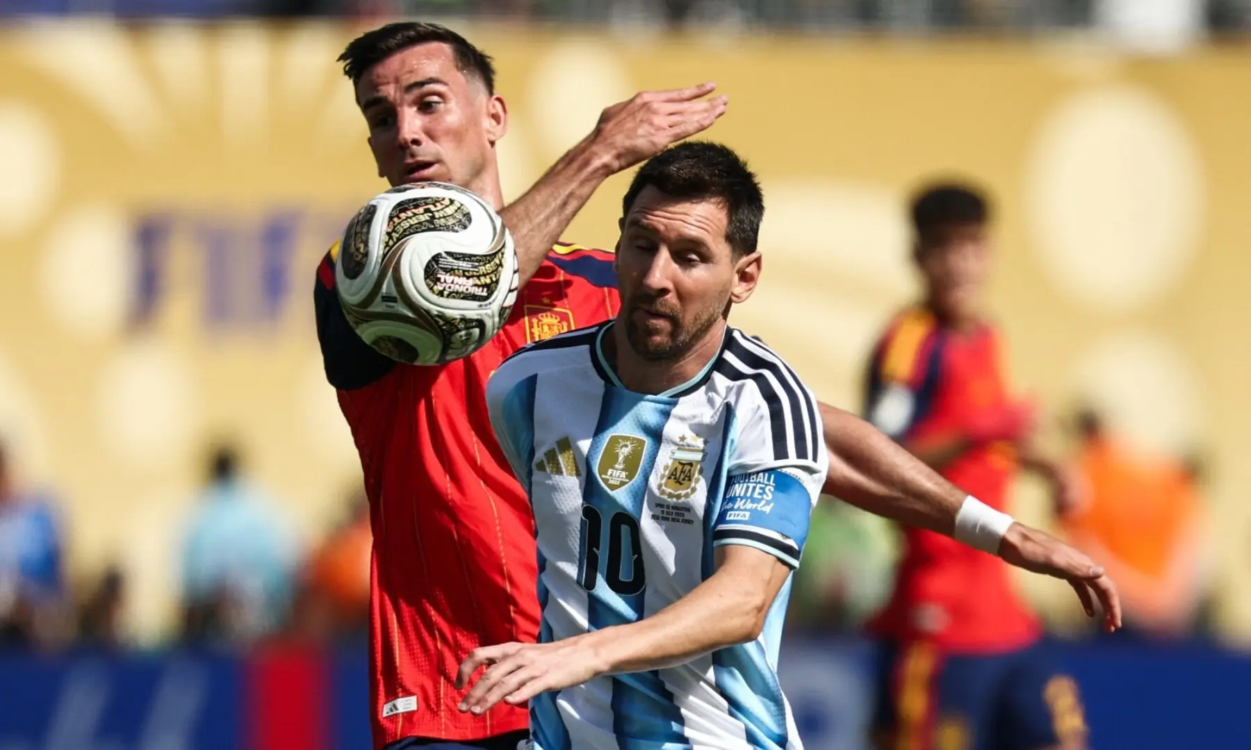 Argentina&rsquo;s Lionel Messi (R) and Spain&rsquo;s Fabian Ruiz fight for the ball during the 2026 FIFA World Cup final between Spain and Argentina at the New York/New Jersey Stadium, East Rutherford, New Jersey, the US on July 19, 2026. &mdash; AFP