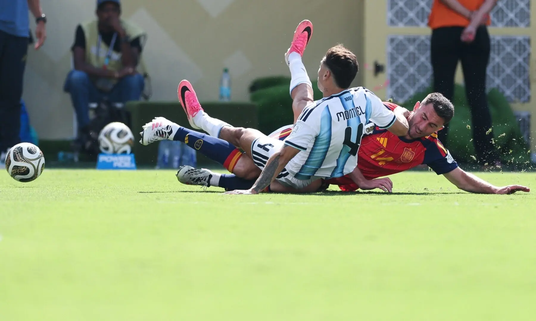 Argentina&rsquo;s Gonzalo Montiel and Spain&rsquo;s Aymeric Laporte fall on the ground during the 2026 FIFA World Cup final between Spain and Argentina at the New York/New Jersey Stadium, East Rutherford, New Jersey, the US on July 19, 2026. &mdash; AFP