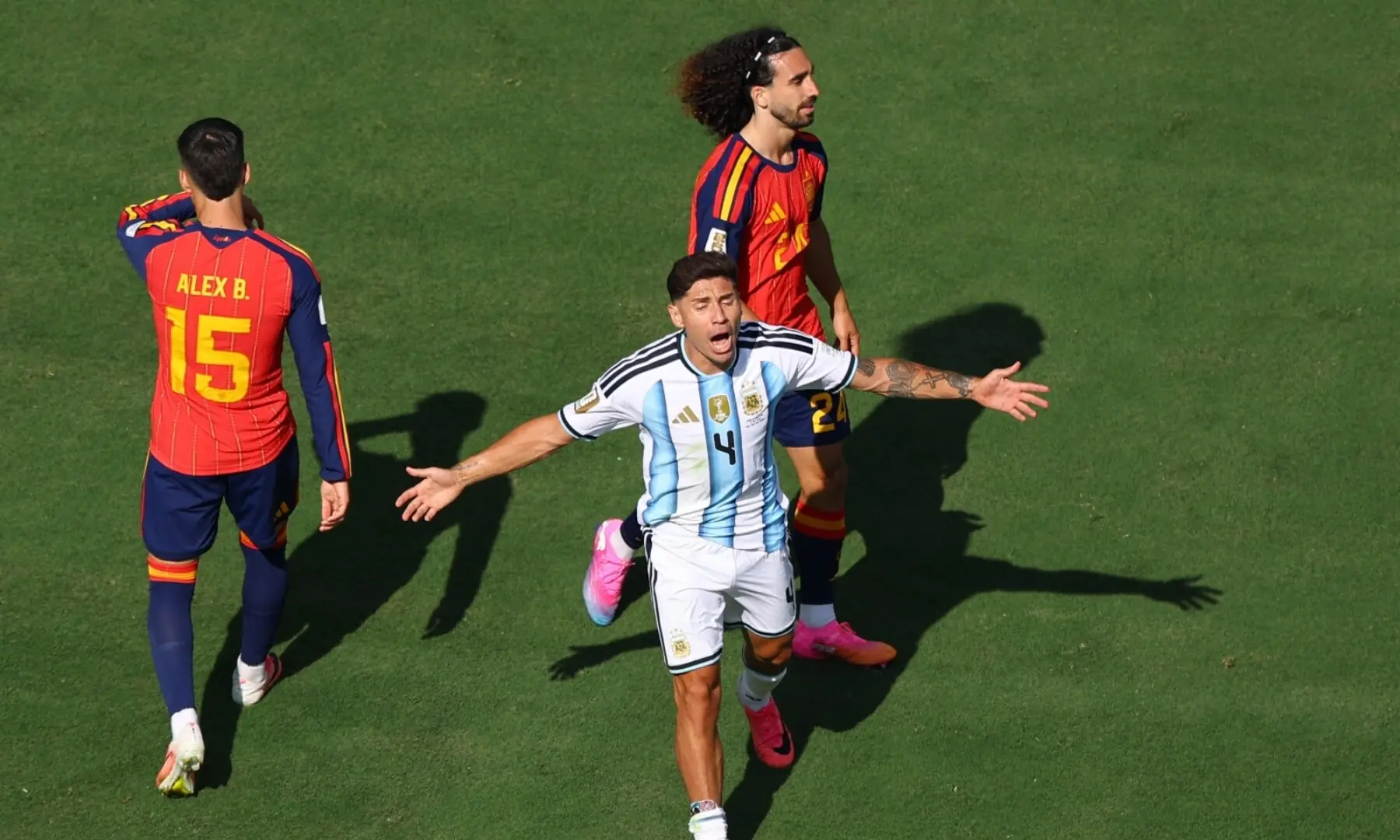 Argentina’s Gonzalo Montiel reacts as Spain’s Marc Cucurella and Spain’s Alex Baena look on during the 2026 FIFA World Cup final between Spain and Argentina at the New York/New Jersey Stadium, East Rutherford, New Jersey, the US on July 19, 2026. — Reuters