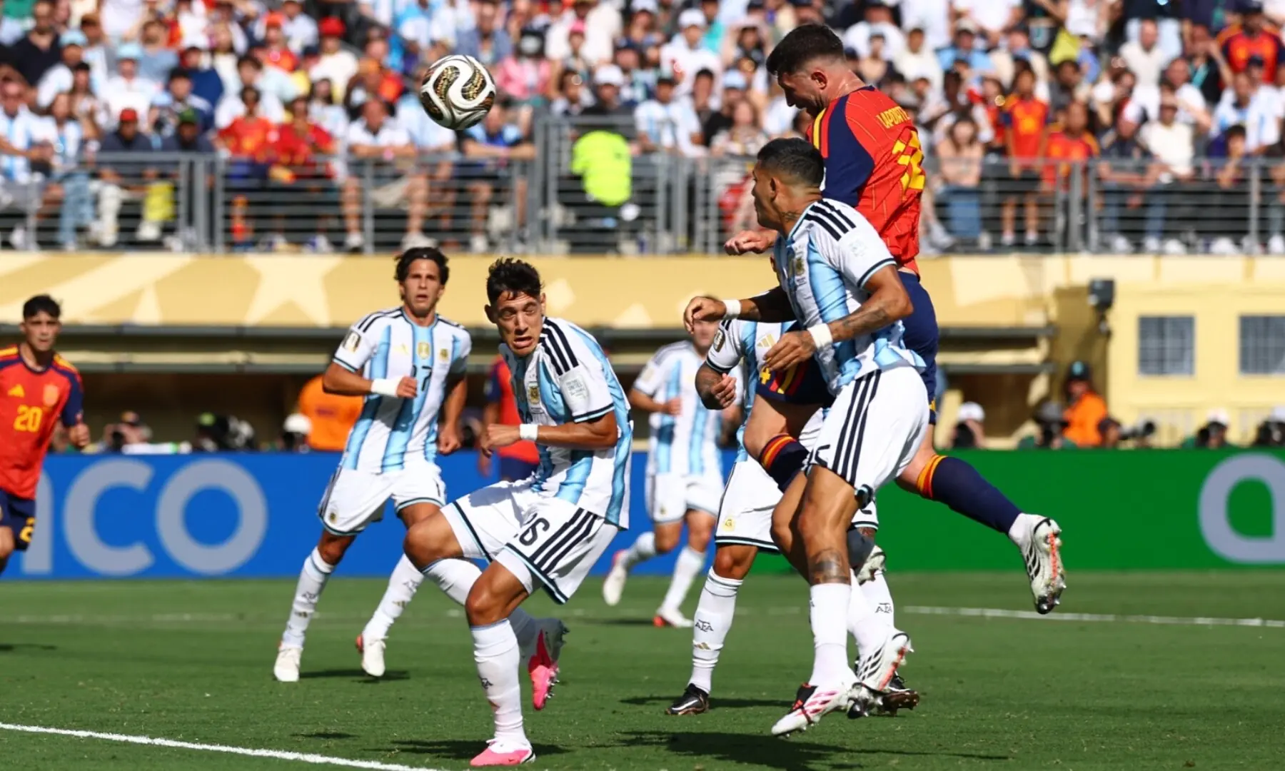 Spain’s Aymeric Laporte heads at goal during the 2026 FIFA World Cup final between Spain and Argentina at the New York/New Jersey Stadium, East Rutherford, New Jersey, the US on July 19, 2026. — Reuters
