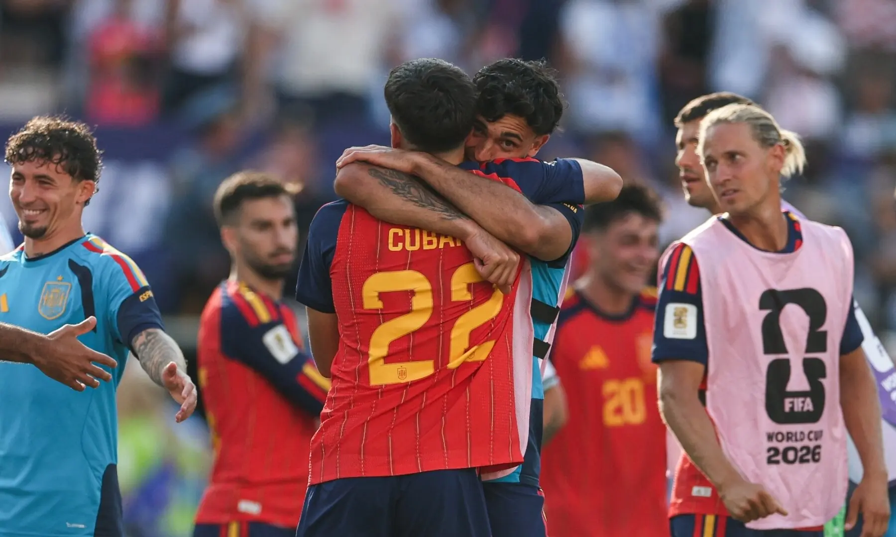 Spain&rsquo;s Marc Pubill (R) and Pau Cubarsi celebrate after winning the 2026 FIFA World Cup at the New York/New Jersey Stadium, East Rutherford, New Jersey, the US on July 19, 2026. &mdash; AFP