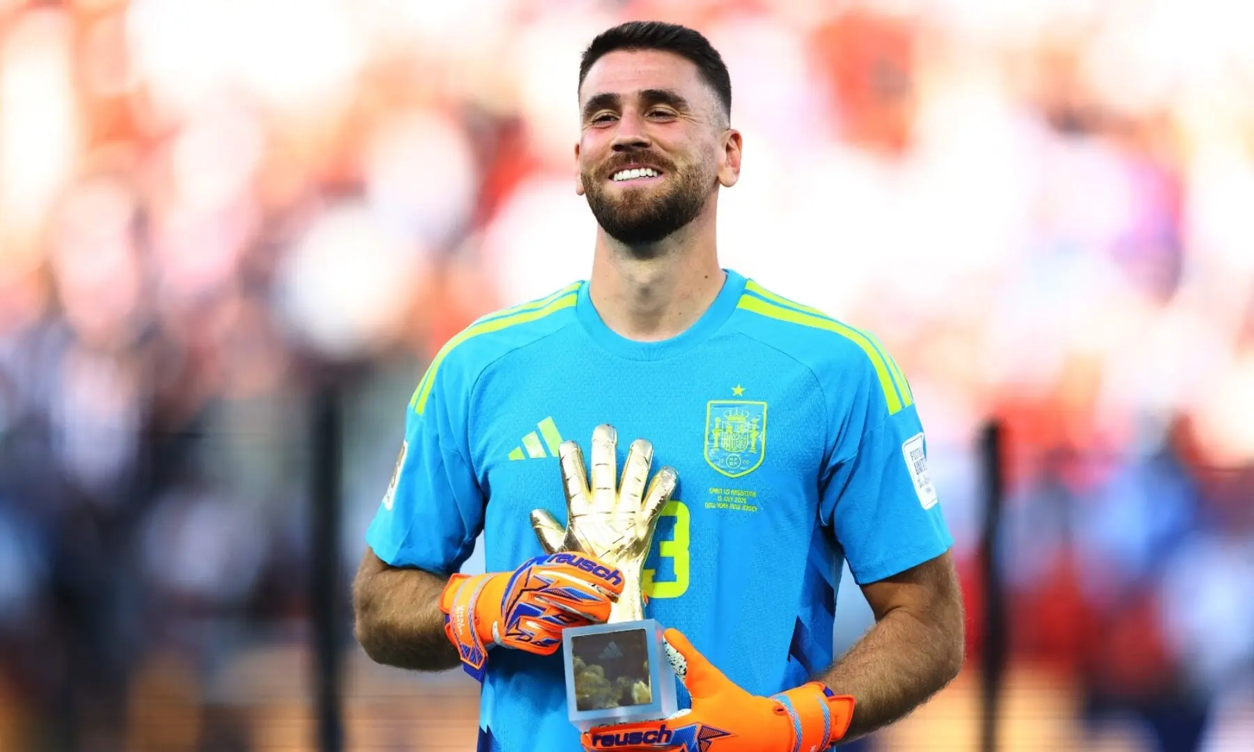 Spain&rsquo;s Unai Simon poses with his Golden Glove Award after the 2026 FIFA World Cup final at the New York/New Jersey Stadium, East Rutherford, New Jersey, the US on July 19, 2026. &mdash; Reuters