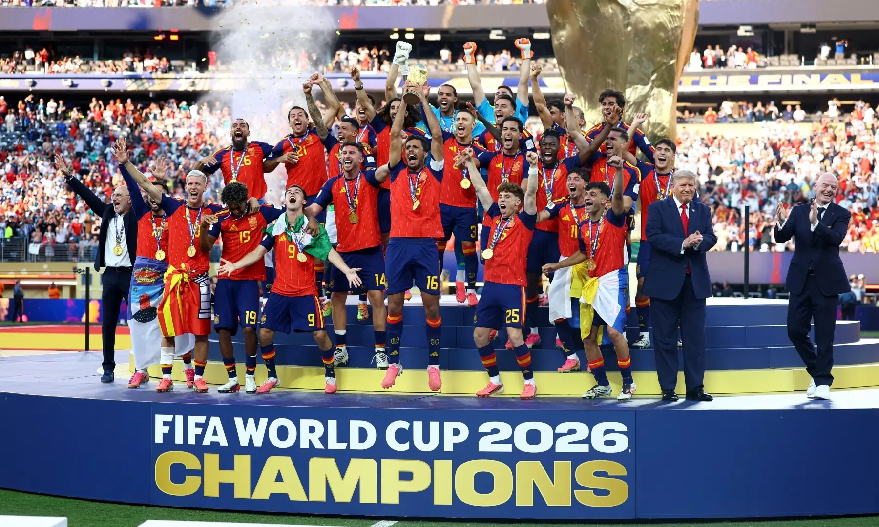 Spain&rsquo;s Rodri lifts the World Cup trophy alongside teammates and US President Donald Trump as they celebrate winning the World Cup the New York/New Jersey Stadium, East Rutherford, New Jersey, the US on July 19, 2026. &mdash; Reuters