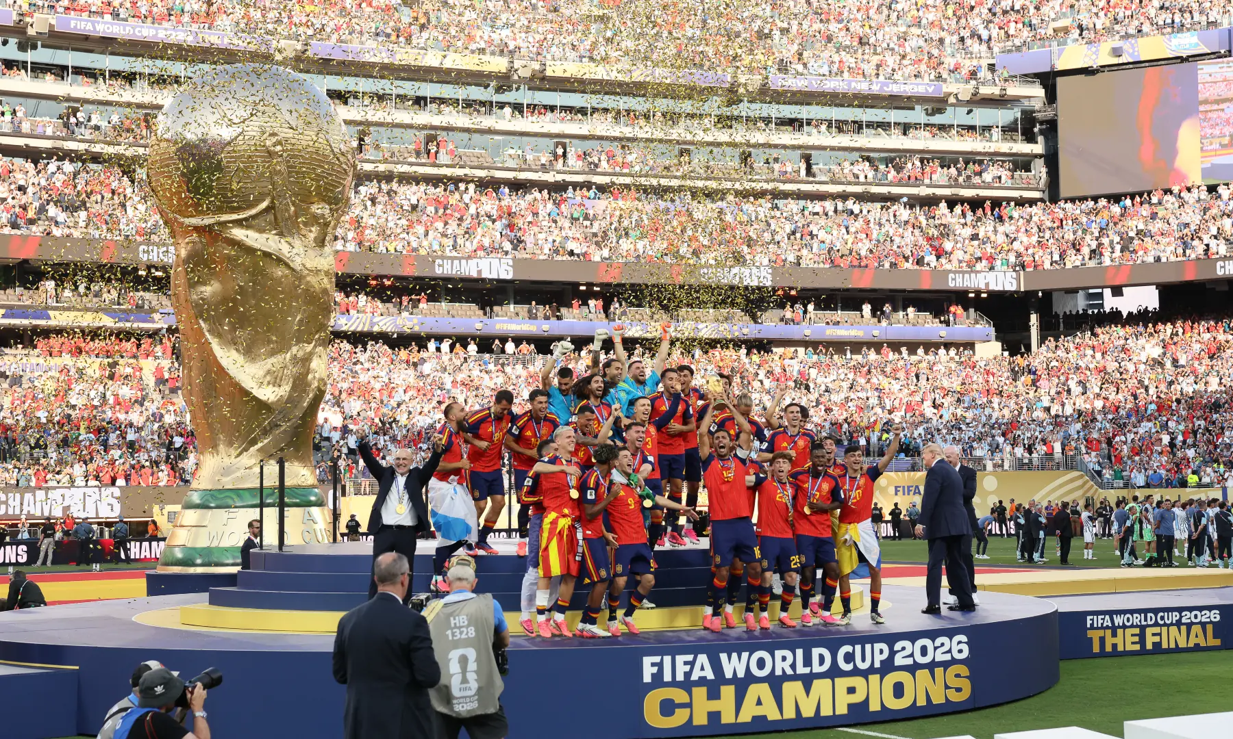 Spain's midfielder #16 Rodri lifts the trophy with his teammates after winning the 2026 World Cup football tournament final match between Spain and Argentina at the New York/New Jersey Stadium in East Rutherford on July 19, 2026. &mdash; AFP