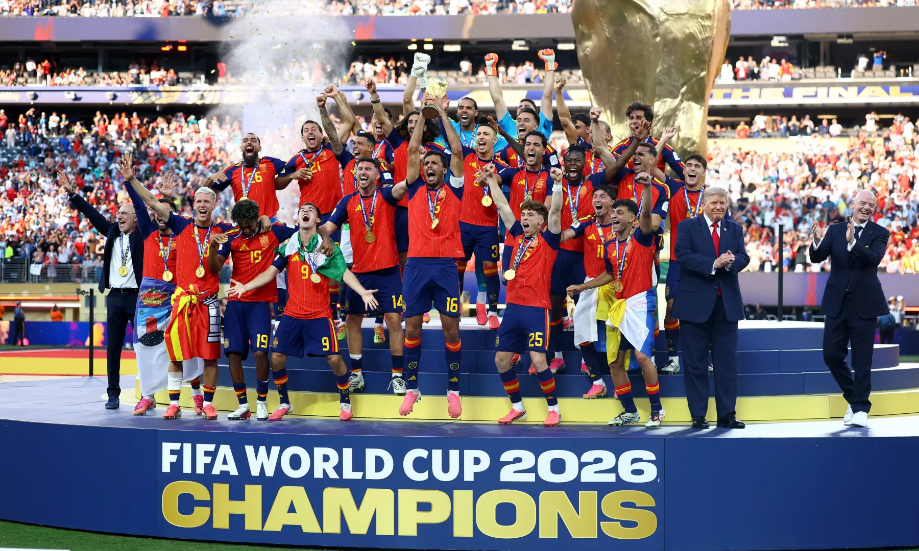 Spain's Rodri lifts the World Cup trophy alongside teammates and US President Donald Trump as they celebrate winning the World Cup at New Jersey Stadium, East Rutherford, New Jersey, the US on July 19, 2026. — Reuters Spain's Rodri lifts the World Cup trophy alongside teammates and US President Donald Trump as they celebrate winning the World Cup at New Jersey Stadium, East Rutherford, New Jersey, the US on July 19, 2026. — Reuters