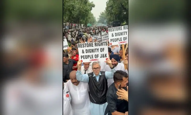 Protesters demand statehood for India-occupied Kashmir, led by IOK CM Omar Abdullah, in Delhi on July 20, 2026. —Screengrab via X/OmarAbdullah Protesters demand statehood for India-occupied Kashmir, led by IOK CM Omar Abdullah, in Delhi on July 20, 2026. —Screengrab via X/OmarAbdullah