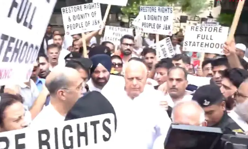 Jammu and Kashmir National Conference stages a protest in Delhi on July 20, 2026, demanding statehood for occupied Kashmir. — screengrab via X/PTI_News Jammu and Kashmir National Conference stages a protest in Delhi on July 20, 2026, demanding statehood for occupied Kashmir. — screengrab via X/PTI_News