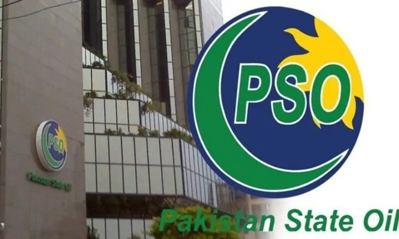 The image shows Pakistan State Oil building in the background with the PSO logo. — APP The image shows Pakistan State Oil building in the background with the PSO logo. — APP