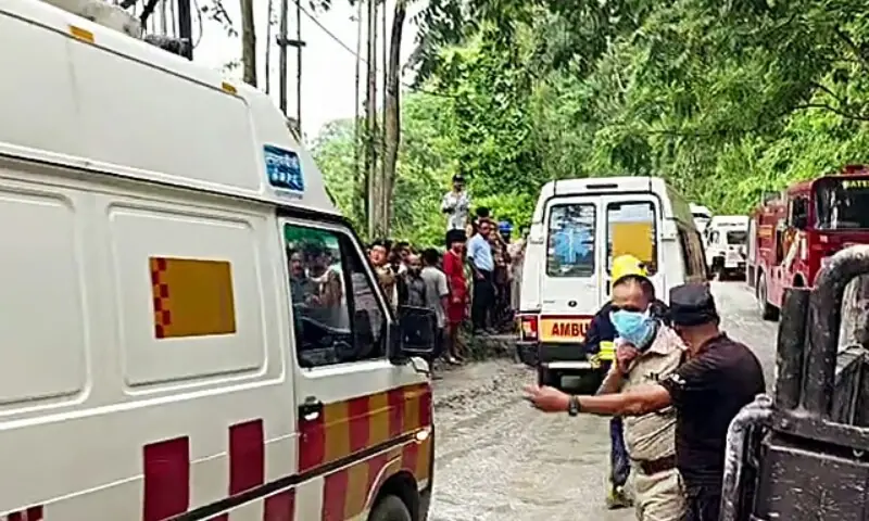 Ambulances and fire tenders arrive at the site of the Samardung tunnel collapse in India's Sikkim on July 21. —Photo courtesy @ANI/X Ambulances and fire tenders arrive at the site of the Samardung tunnel collapse in India's Sikkim on July 21. —Photo courtesy @ANI/X