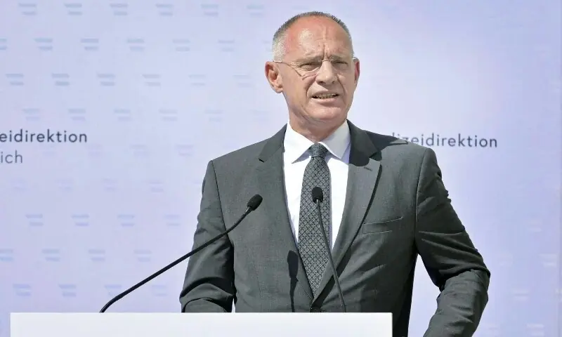 Austria’s Interior Minister Gerhard Karner speaks during an inauguration ceremony of the birth house of former German dictator Adolf Hitler that is turned into a police station, on July 22, 2026 in Braunau am Inn, Austria. — AFP