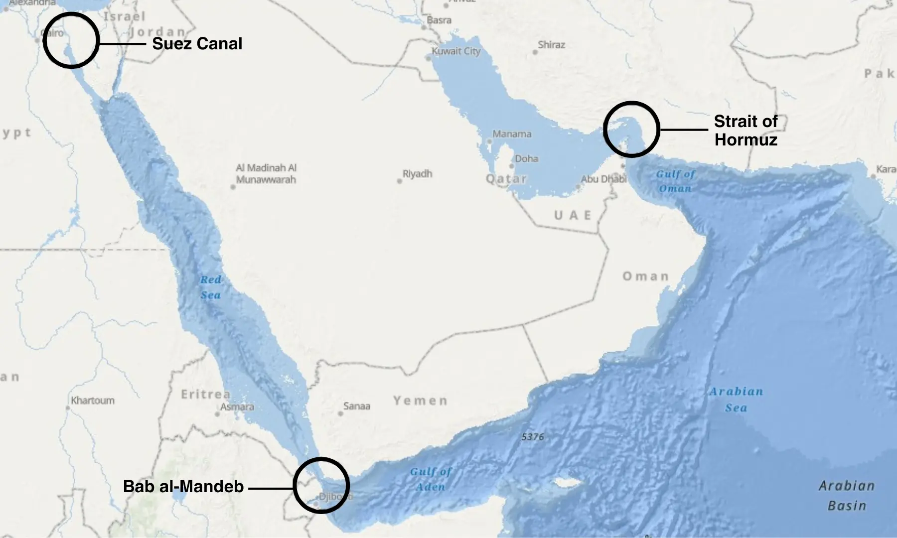 A map showing the locations of the Bab al-Mandeb strait, Strait of Hormuz and Suez Canal. — made using ArcGIS