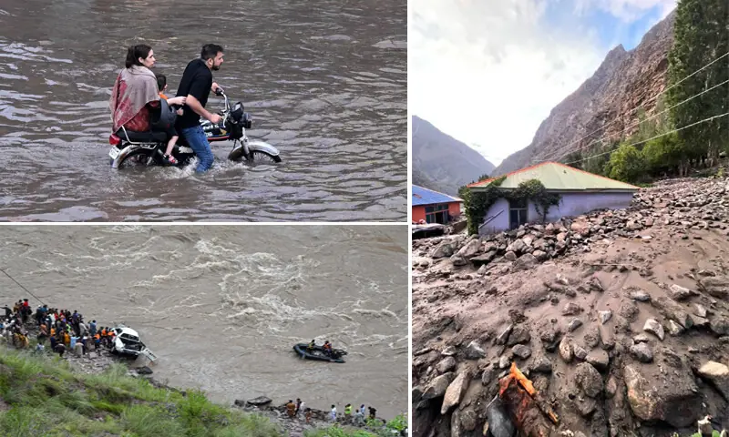(CLOCKWISE from top left) A family riding a motorcycle wades through a flooded street after heavy rains in Lahore; cloudburst-induced floods bury homes at Losbala village in Gilgit-Baltistan&rsquo;s Astore; and rescue workers retrieve a vehicle from Neelum River on the outskirts of Muzaffarabad following a landslide triggered by monsoon rains.&mdash;AFP/Dawn