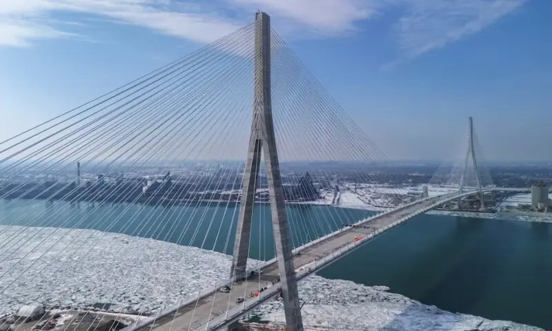 The Gordie Howe International Bridge, under construction to link Detroit, Michigan, with Windsor, Ontario, as seen in a drone image taken from Windsor, Ontario, Canada, February 10, 2026. &mdash; Reuters
