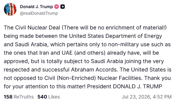 Trump says US-Saudi nuclear deal subject to Riyadh joining Abraham Accords Trump says US-Saudi nuclear deal subject to Riyadh joining Abraham Accords