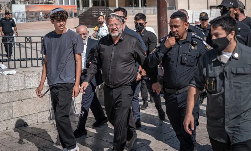 Israel&rsquo;s National Security Minister Itamar Ben Gvir (centre) enters Al Aqsa Mosque compound.&mdash;AFP