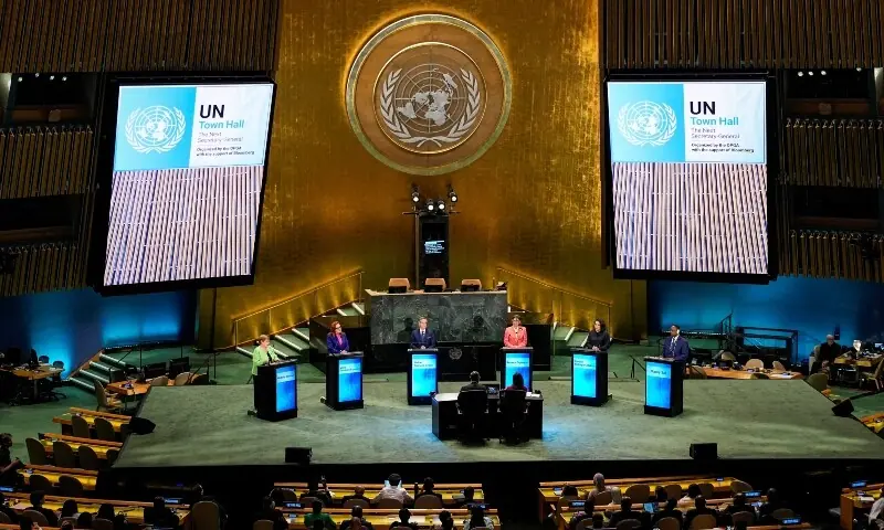 Candidates for the position of United Nations secretary-general, Michelle Bachelet, Maria Fernanda Espinosa Garces, Rafael Mariano Grossi, Rebeca Grynspan Mayufis, Carolyn Rodrigues Birkett and Macky Sall participate in the &ldquo;UN Town Hall: The Next Secretary-General&rdquo; event at United Nations headquarters in New York City, US, July 23, 2026. &mdash; Reuters