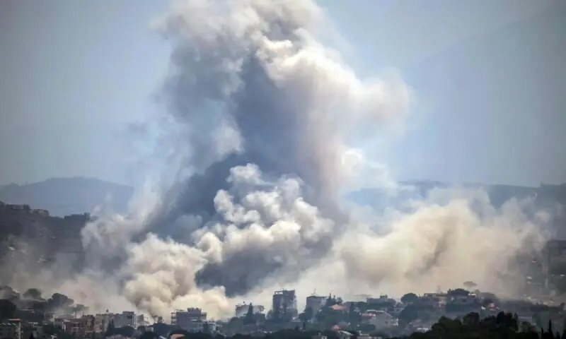 This image taken from the vicinity of the village Zawtar al-Sharqiyah in southern Lebanon, shows smoke rising from the site of an explosion carried out by the Israeli military, in the village of Kfar Tibnit on July 23, 2026. &mdash;AFP