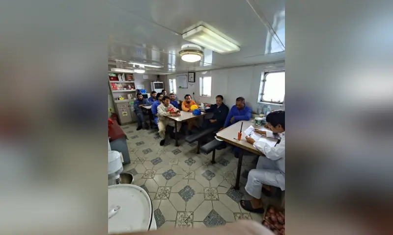Crew members of an oil tanker hijacked by Somali pirates in April. — via Shazia Hasan