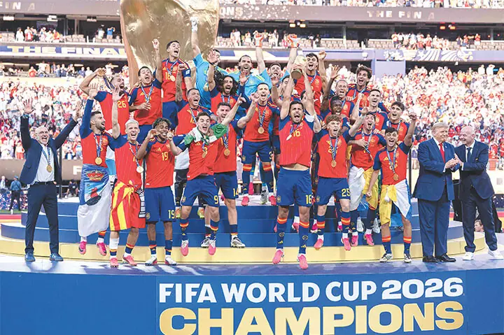Rodri of Spain lifts the trophy after the team’s victory following the FIFA World Cup 2026 Final against Argentina at New York, New Jersey Stadium. — AFP Rodri of Spain lifts the trophy after the team’s victory following the FIFA World Cup 2026 Final against Argentina at New York, New Jersey Stadium. — AFP