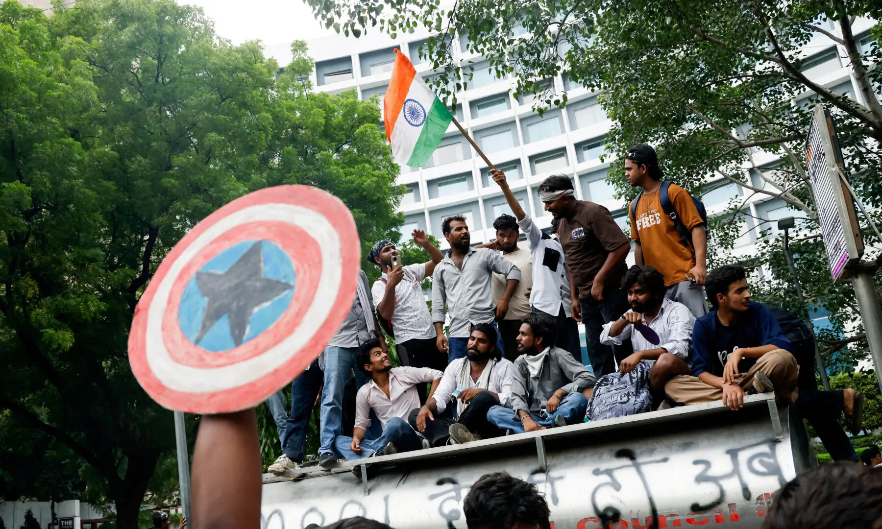  Supporters of India’s Cockroach Janta Party (CJP) celebrate after India’s Education Minister Dharmendra Pradhan resigned, in New Delhi on July 25, 2026. — Reuters 