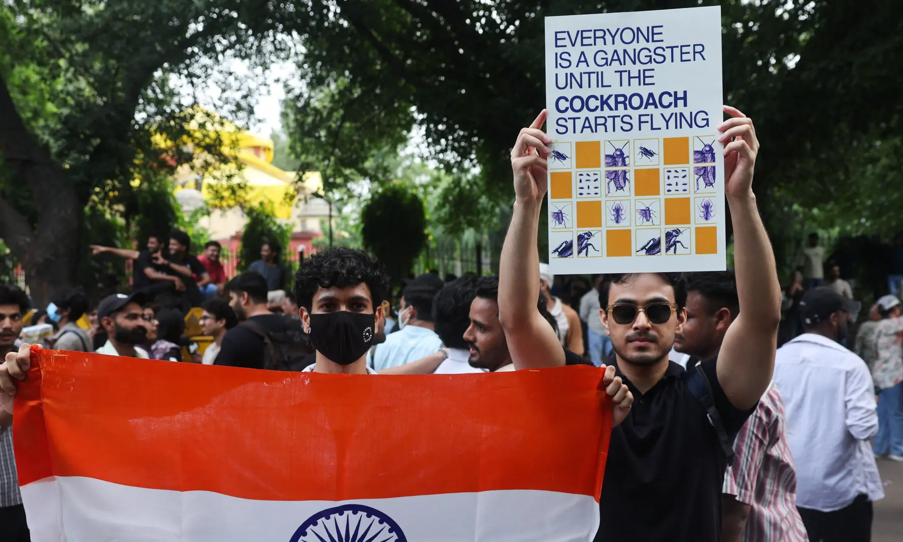 Supporters of India’s Cockroach Janta Party (CJP) celebrate after India’s Education Minister Dharmendra Pradhan resigned, at Jantar Mantar in New Delhi on July 25, 2026. — Reuters