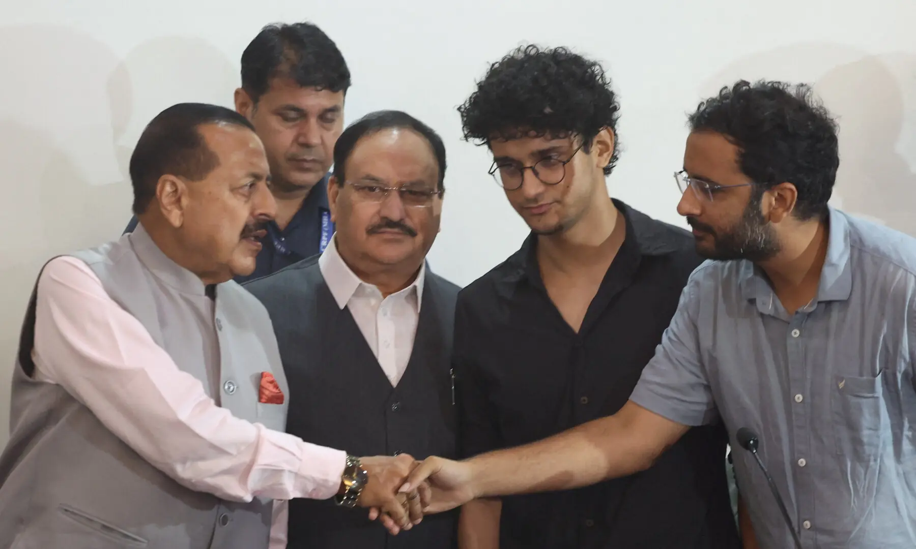 J.P. Nadda, one of India's senior federal ministers, Minister of Science and Technology Jitendra Singh, and CJP spokespersons Saurav Das and Ashutosh Ranka, after holding a press conference after Education Minister Dharmendra Pradhan resigned, at the Constitution Club in New Delhi, on July 25, 2026. &mdash; Reuters